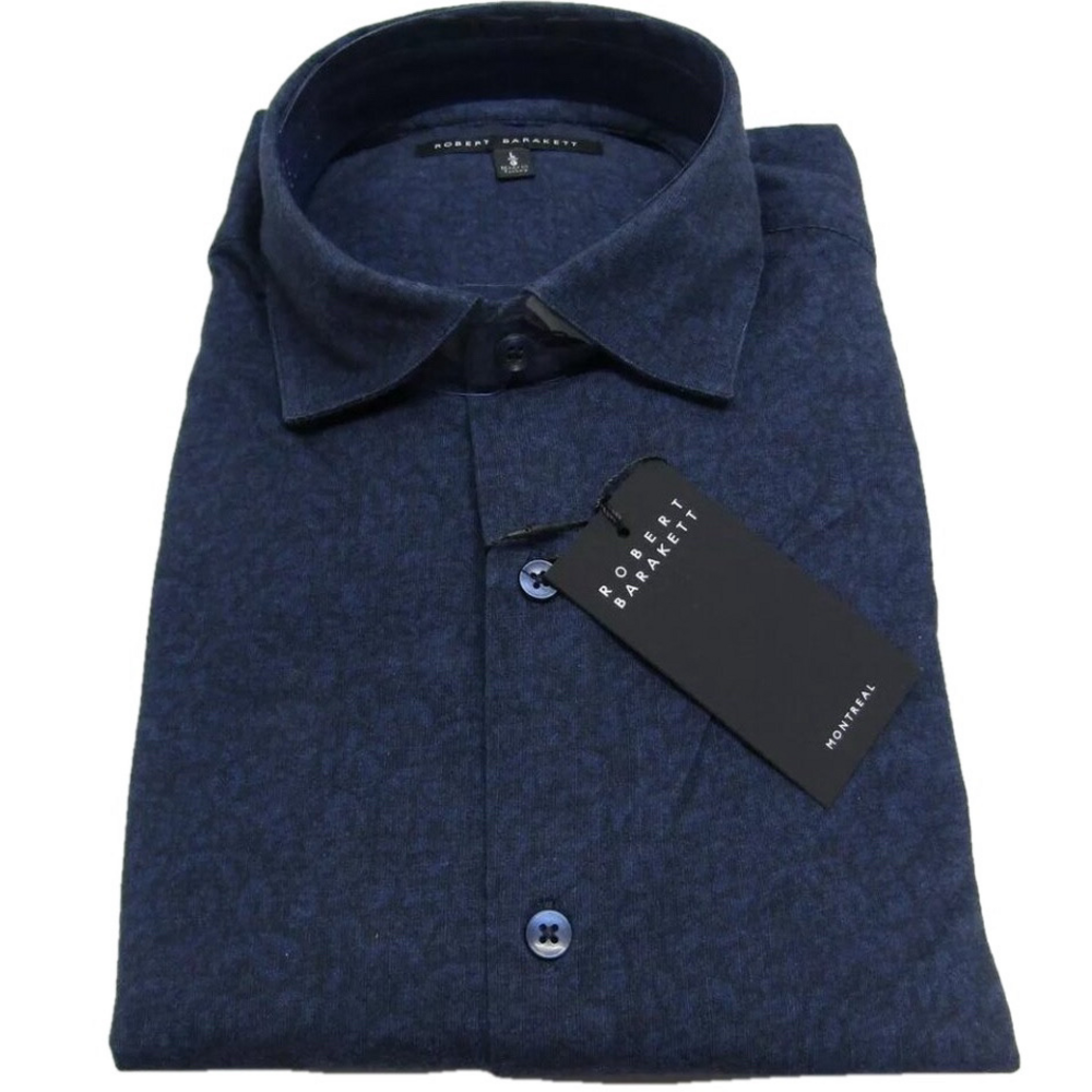 NEW ROBERT BARAKETT Mens Leaf Print Knit Button-Up Shirt Size L Navy Blue